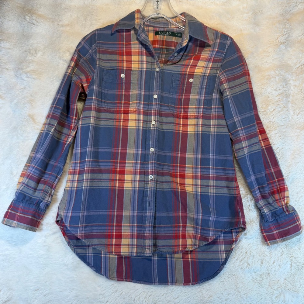 Lauren Ralph Lauren Womens Small Blue Red Plaid Cotton Button Down Shirt Top
